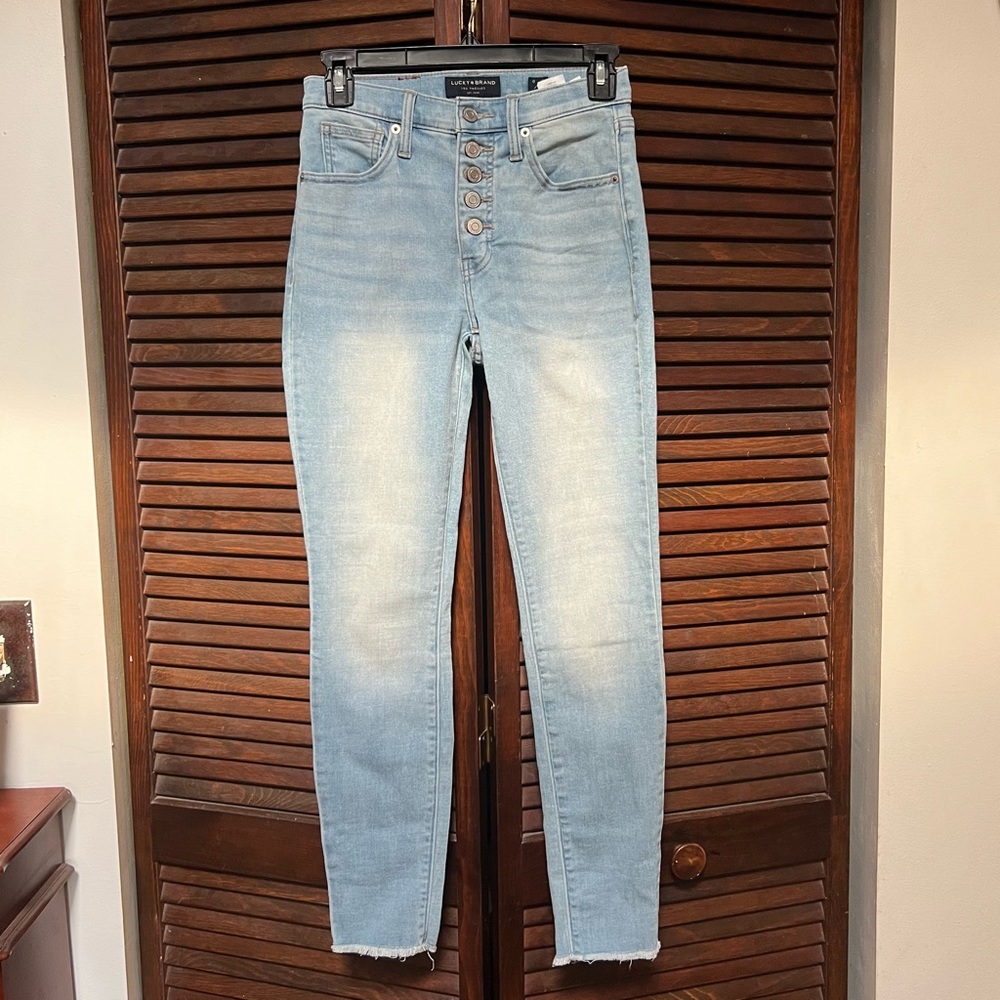 Lucky Brand High Rise Bridgette Skinny Ankle Jeans Raw Distressed Hem Light Wash